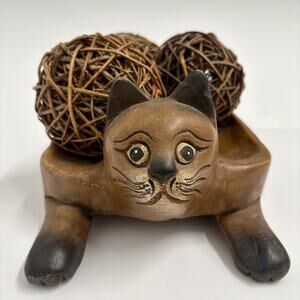 Hand-Carved Wooden Cat Tray Figurine Siamese Style 12” Rustic Decor